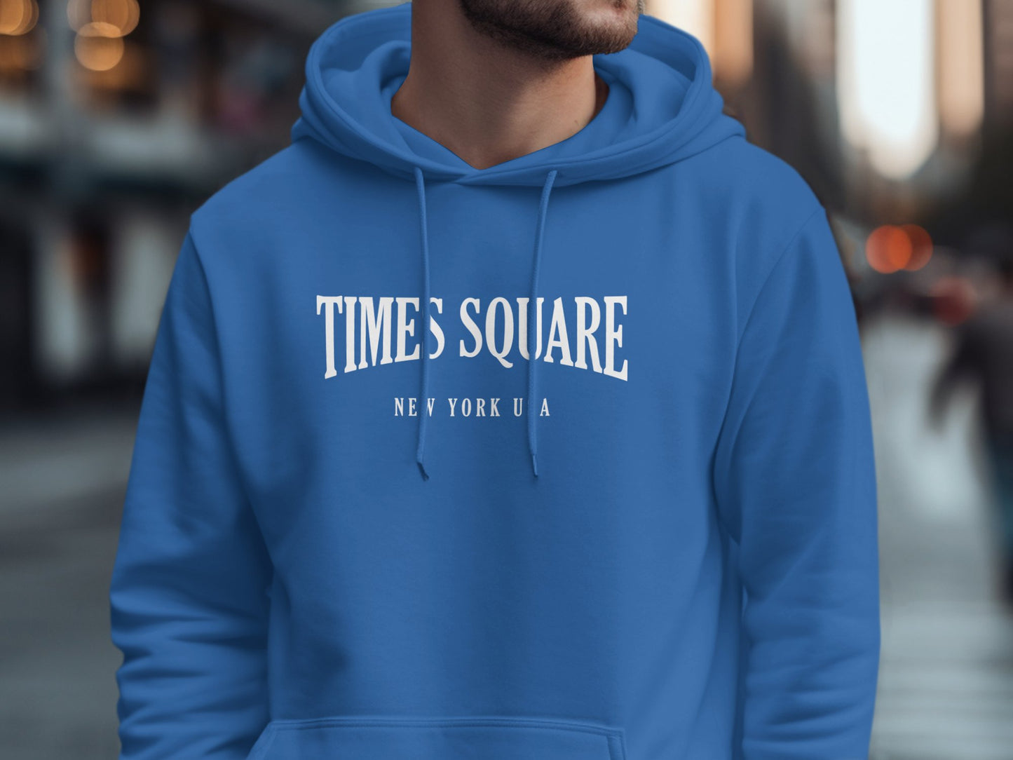 Royal Blue Times Square Hoodie with front graphic, relaxed fit, pouch pocket, & long sleeves for easygoing style