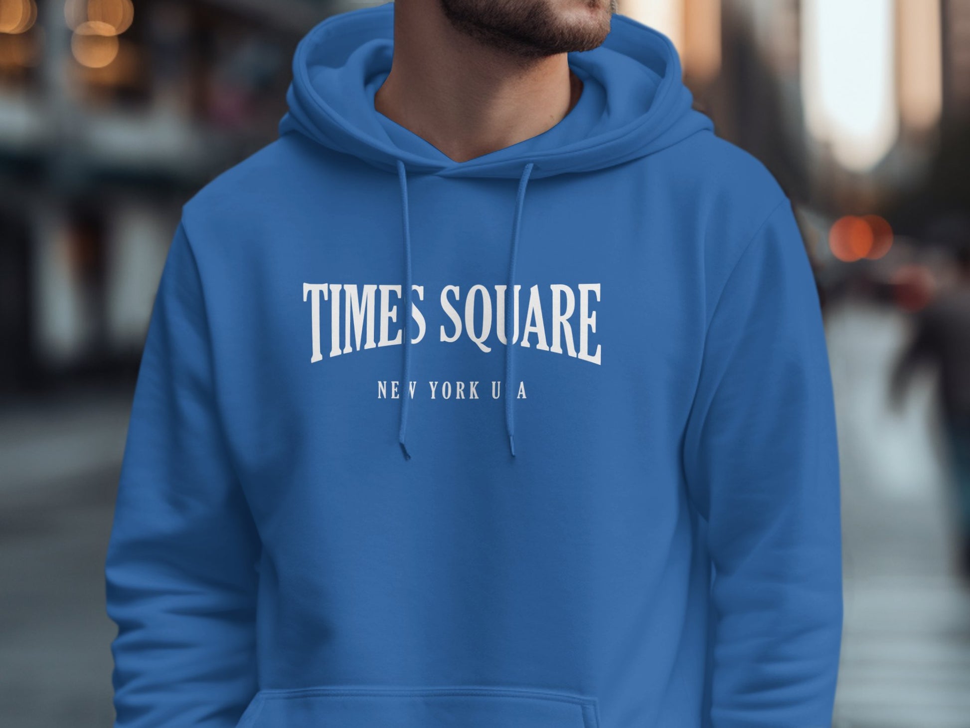 Royal Blue Times Square Hoodie with front graphic, relaxed fit, pouch pocket, & long sleeves for easygoing style