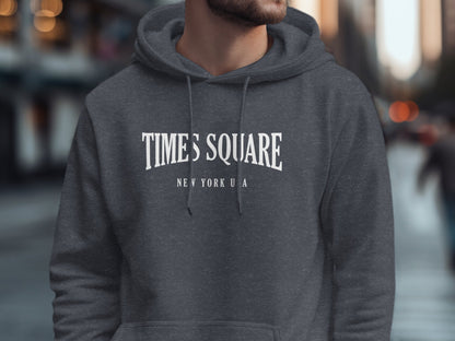 Dark heather grey Times Square hoodie featuring arched Times Square serif typography and structured New York USA text graphic.