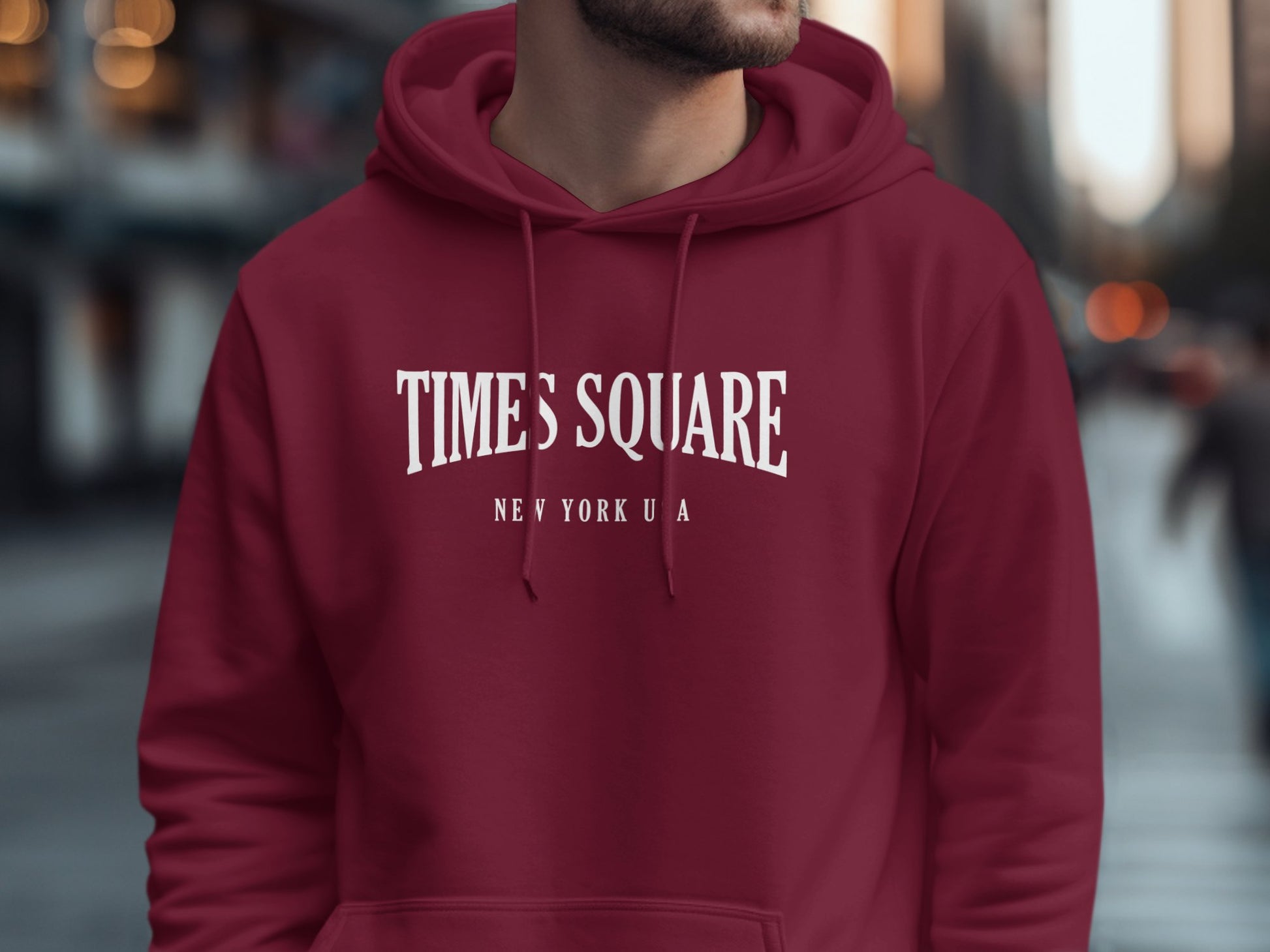  Maroon Times Square Hoodie with graphic print, long sleeves, pocket, and a relaxed unisex fit for all-day wear