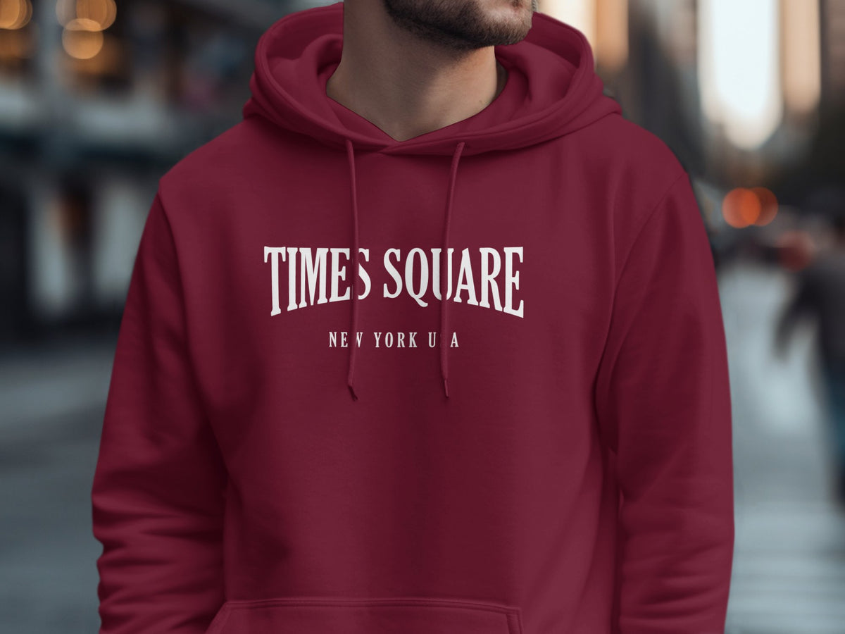 Maroon Times Square hoodie featuring bold arched typography with structured New York destination-inspired styling.