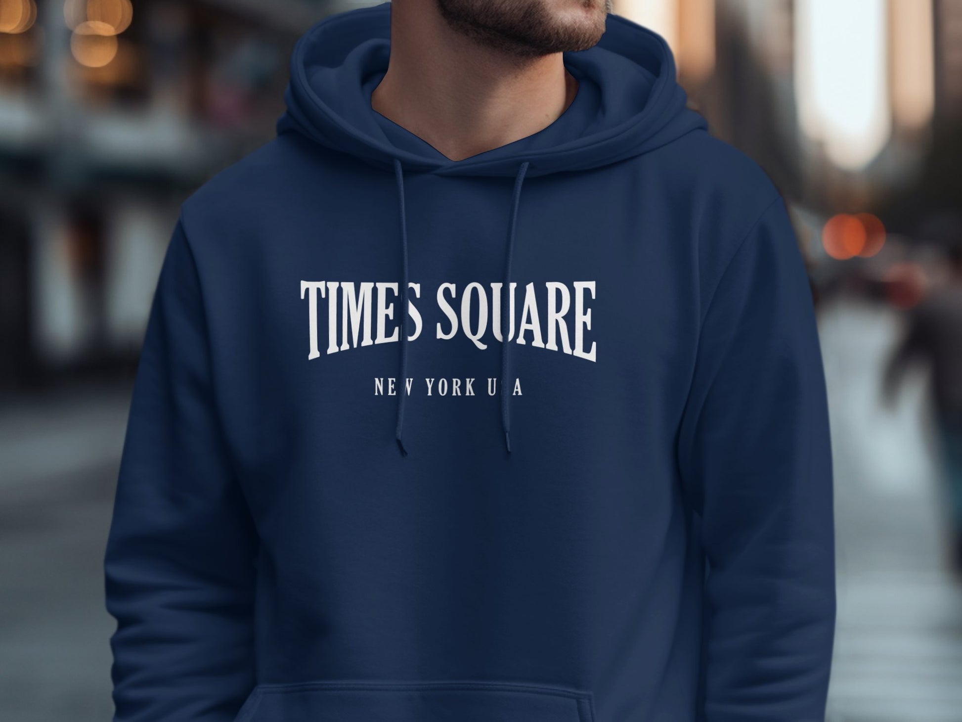 Navy Times Square Hoodie featuring graphic print, long sleeve pullover style, and ribbed cuffs for a snug fit
