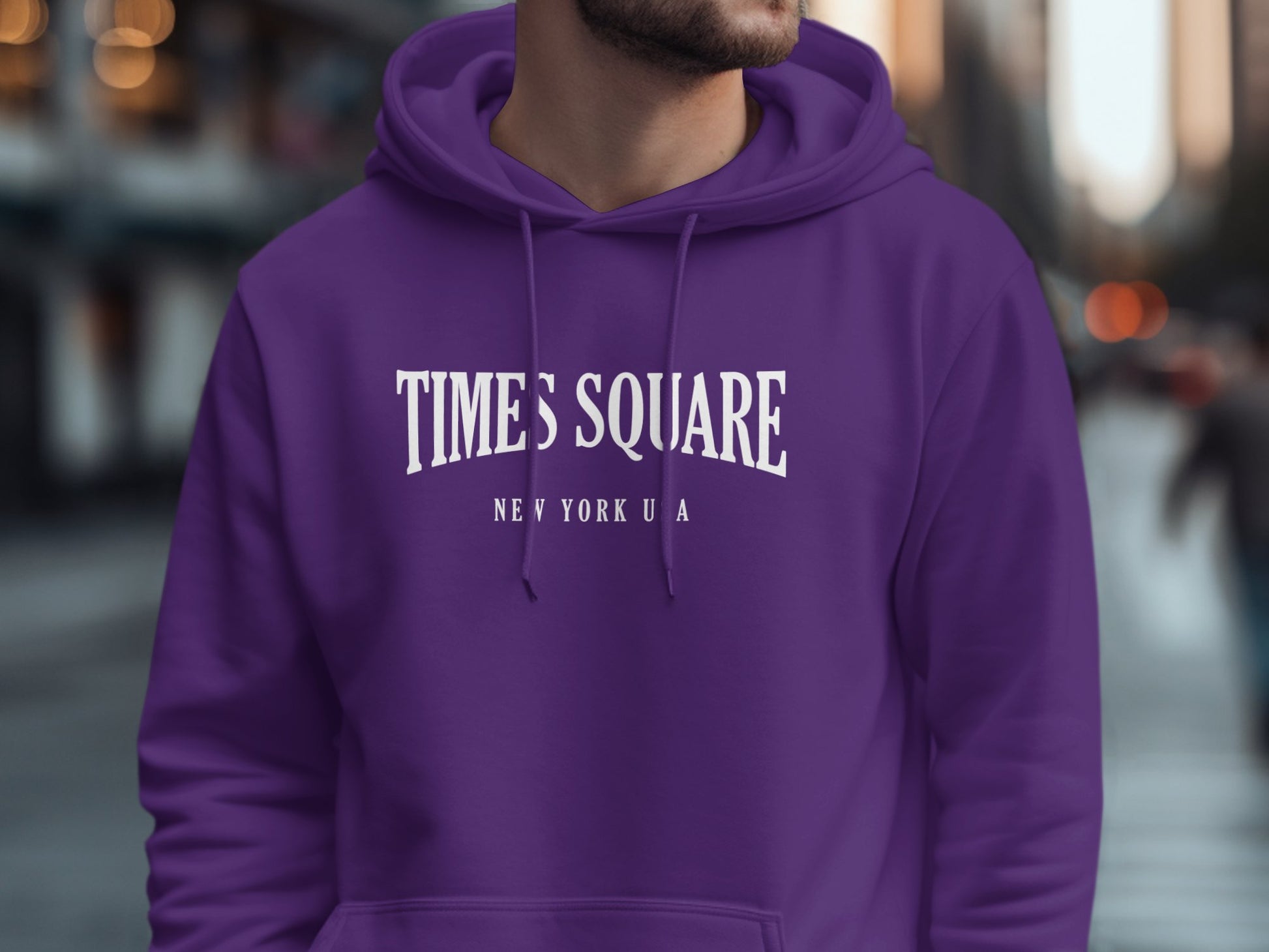 Purple Times Square Hoodie with urban-inspired graphic, unisex fit, and ribbed cuffs for extra comfort