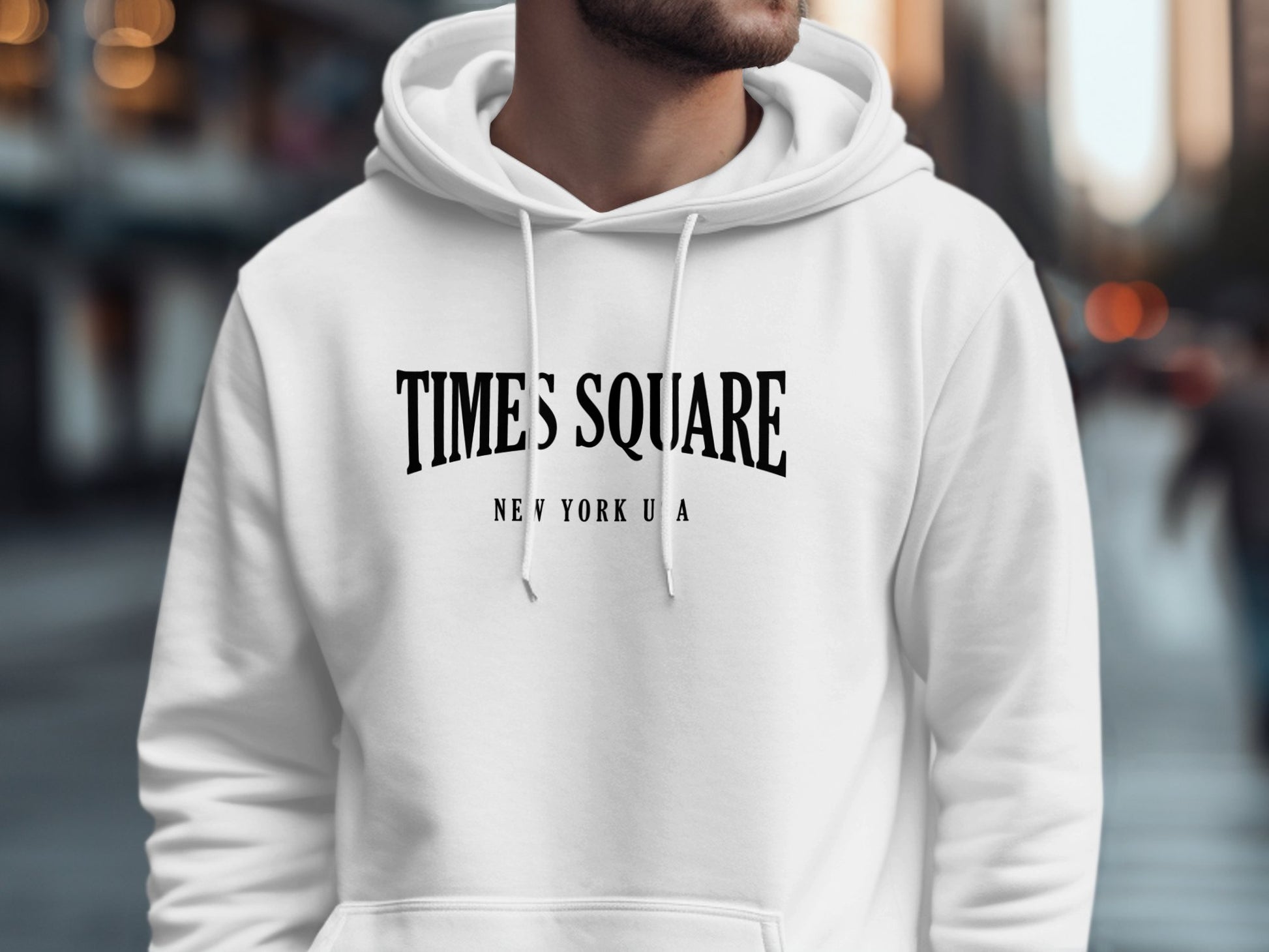 White Times Square Hoodie showcasing a clean graphic design, unisex fit, and cozy long sleeve pullover style