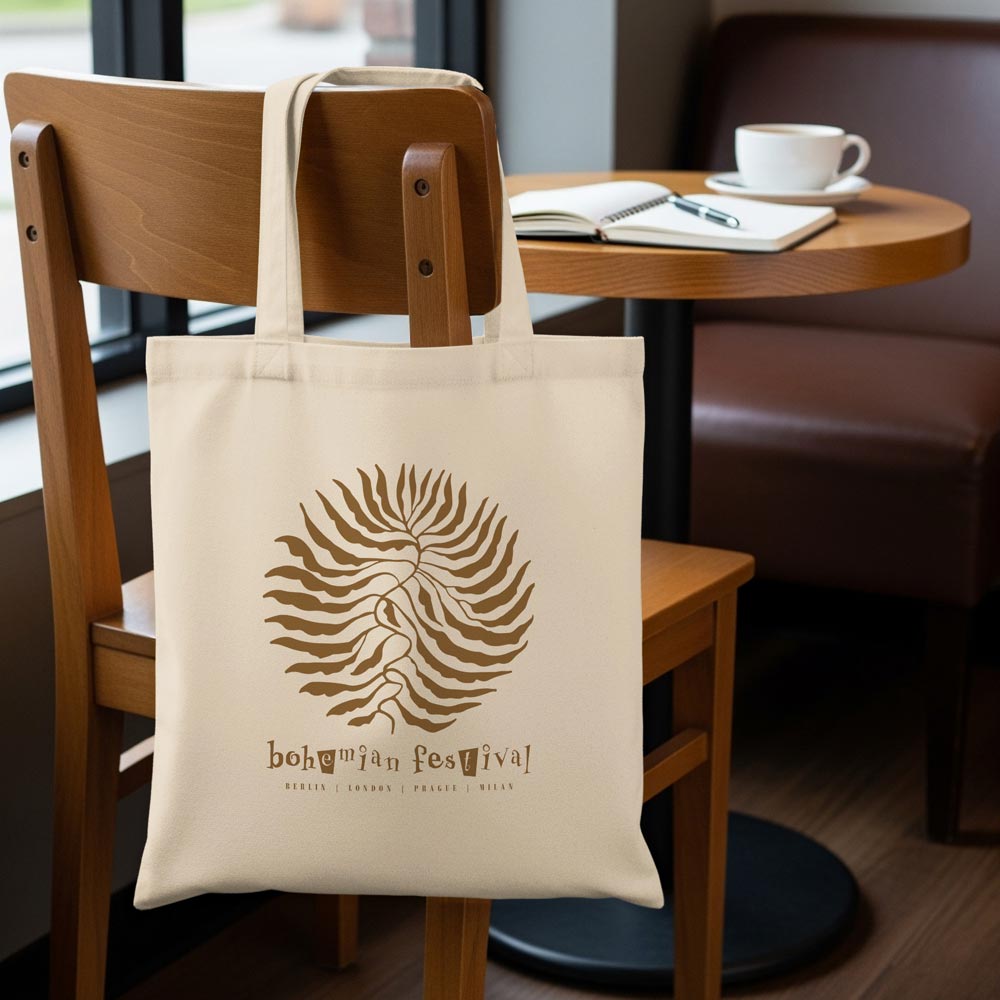 Cream canvas tote bag hanging on a wooden café chair, featuring bohemian festival lettering beneath a fern print.