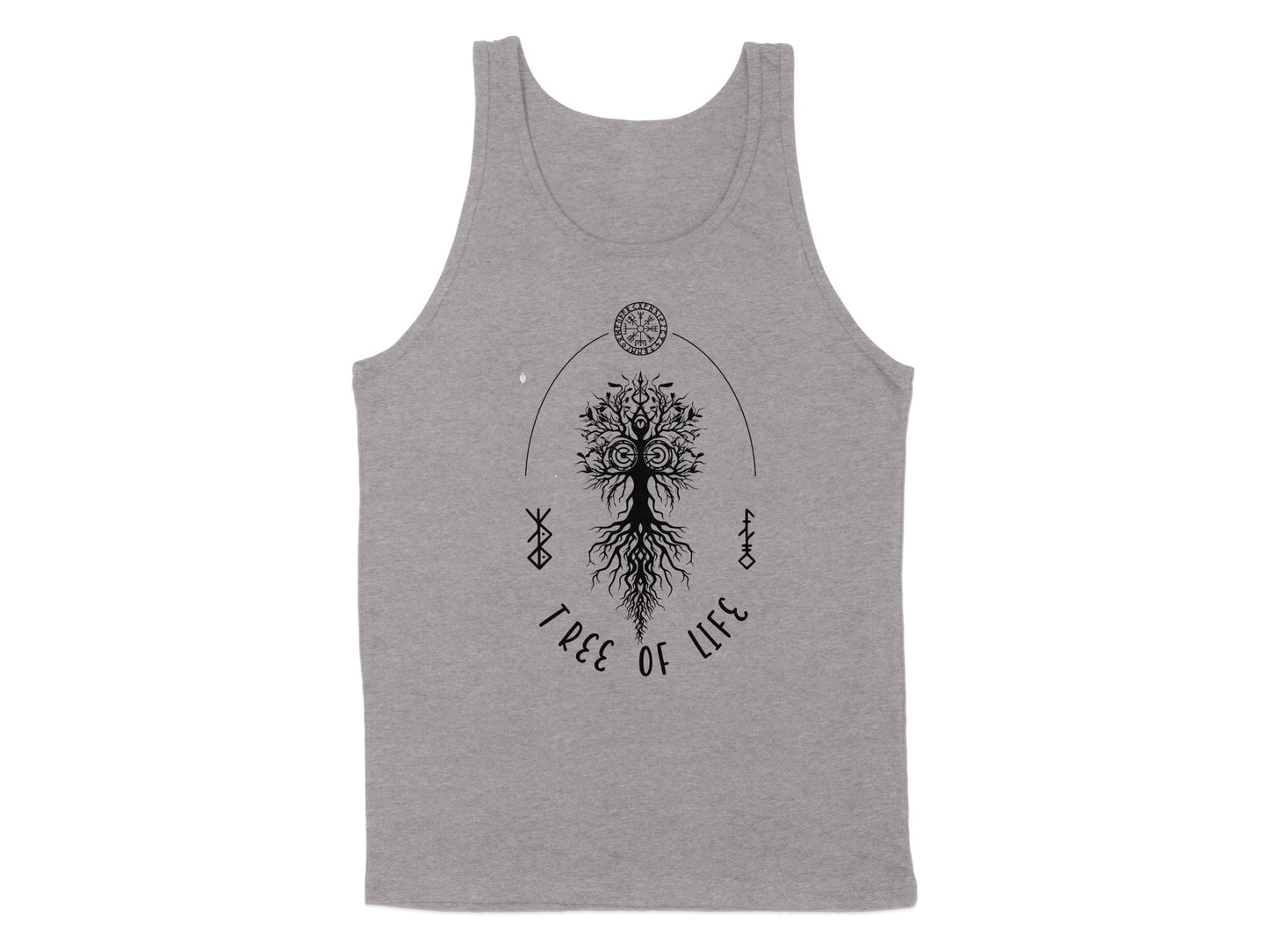 Athletic Heather Tree of Life tank top displaying a detailed Yggdrasil tree, runic elements, and meditative symbolism.