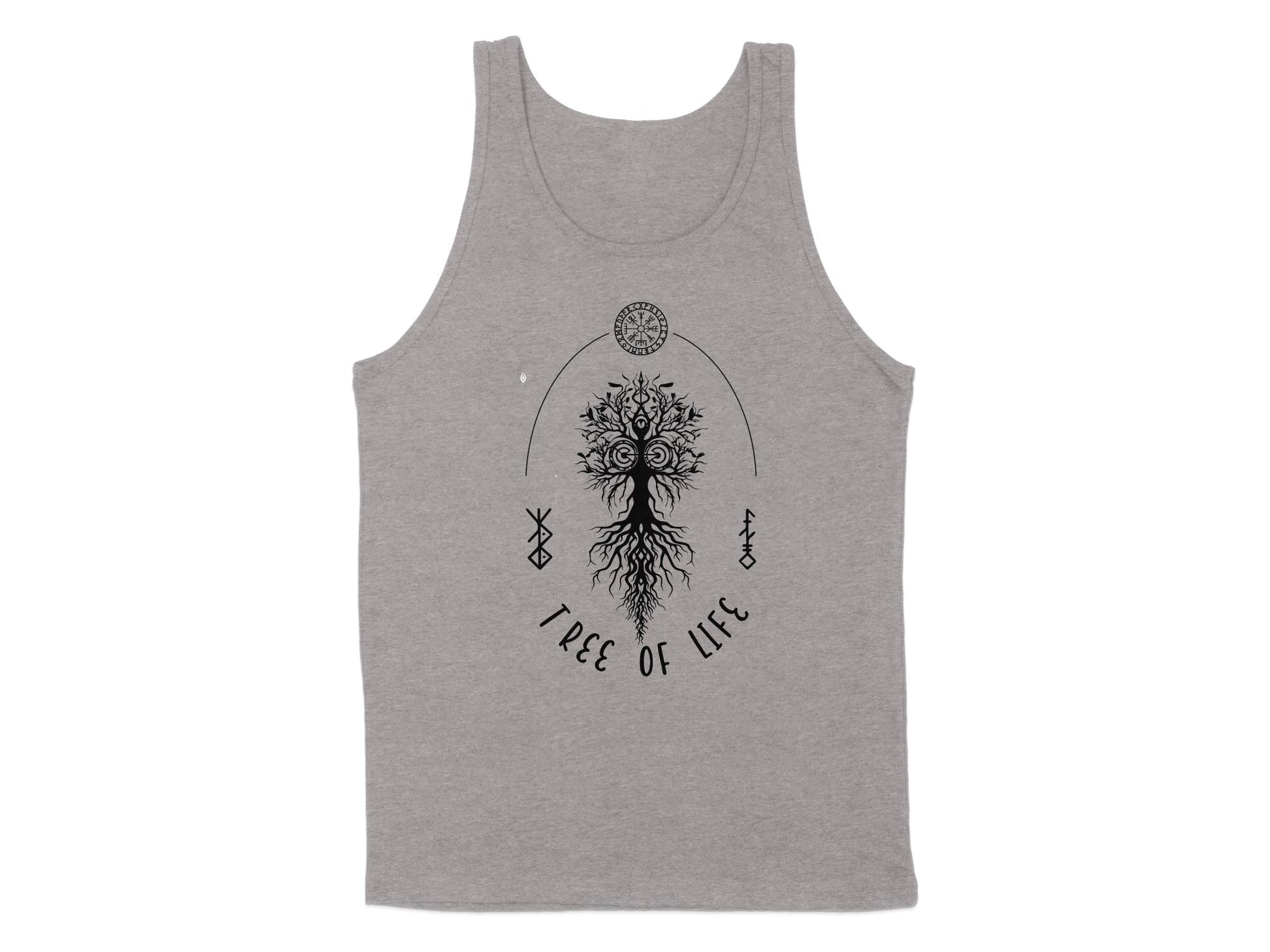 Athletic Heather Tree of Life tank top displaying a detailed Yggdrasil tree, runic elements, and meditative symbolism.
