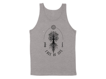 Athletic Heather Tree of Life tank top displaying a detailed Yggdrasil tree, runic elements, and meditative symbolism.