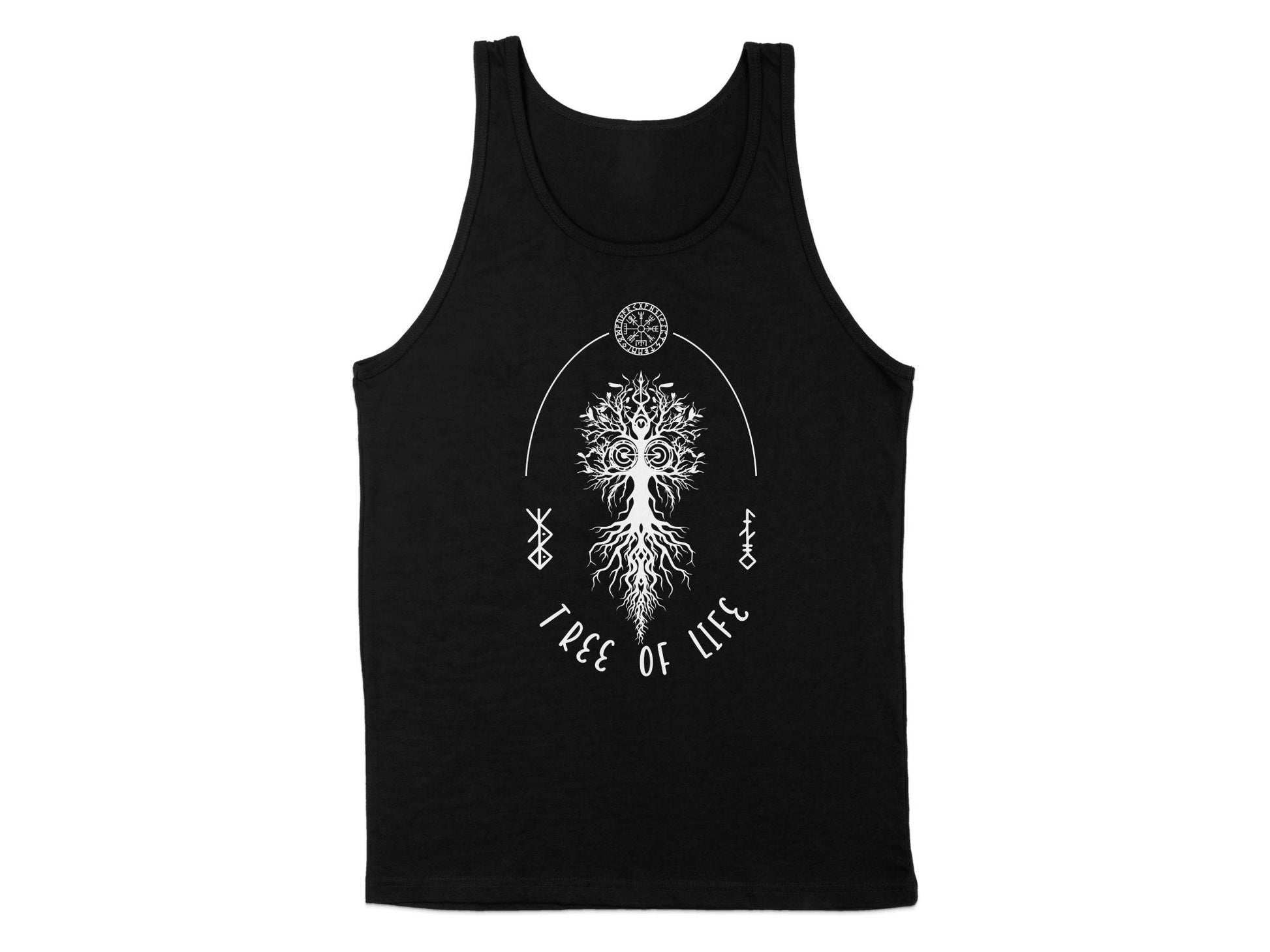 Black Tree of Life Tank Top, sleeveless, scoop neck, featuring a bold tree graphic symbolizing growth and strength.