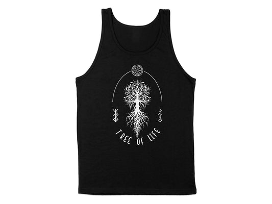 Black Tree of Life Tank Top, sleeveless, scoop neck, featuring a bold tree graphic symbolizing growth and strength.