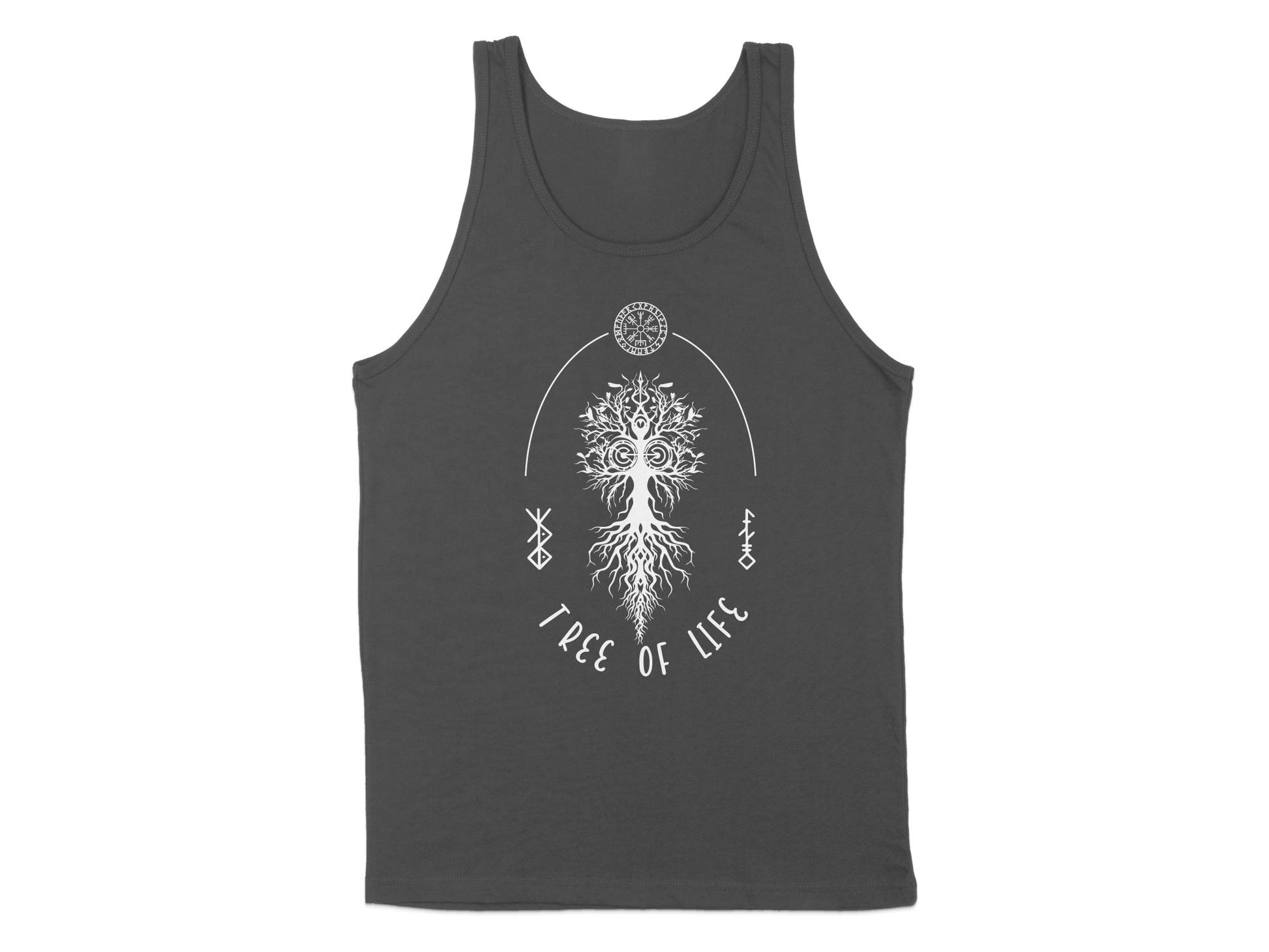 Rock the Tree of Life Tank Top in charcoal, complete with a nature-inspired graphic and scoop neck for ultimate comfort.