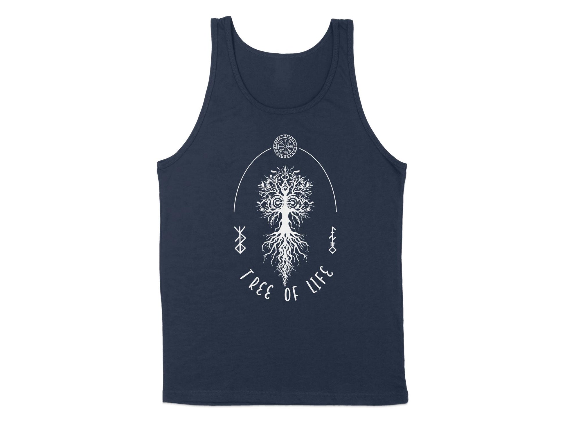 Navy Tree of Life Tank Top, sleeveless, scoop neck, with a tree graphic that represents balance and connection.