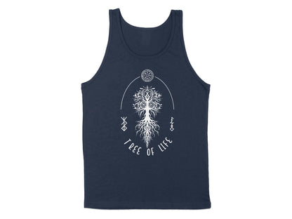 Navy Tree of Life Tank Top, sleeveless, scoop neck, with a tree graphic that represents balance and connection.