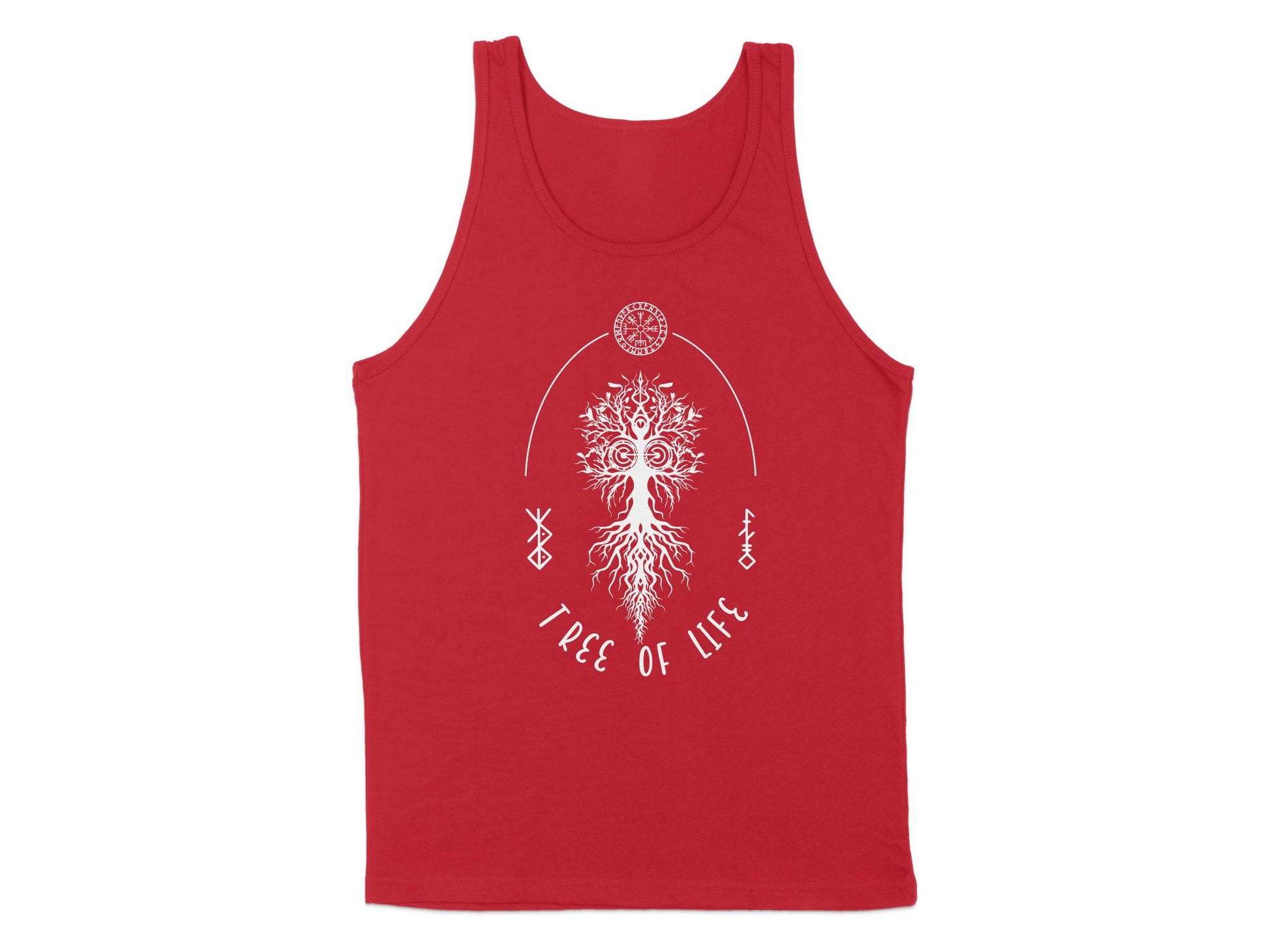 Red Tree of Life Tank Top with a striking tree design, sleeveless, and scoop neck for a sleek, energetic look.