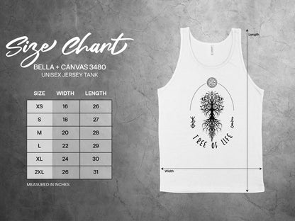 Discover your ideal fit with the Tree of Life Tank Top size chart, from small to 2XL, designed for comfort and style.