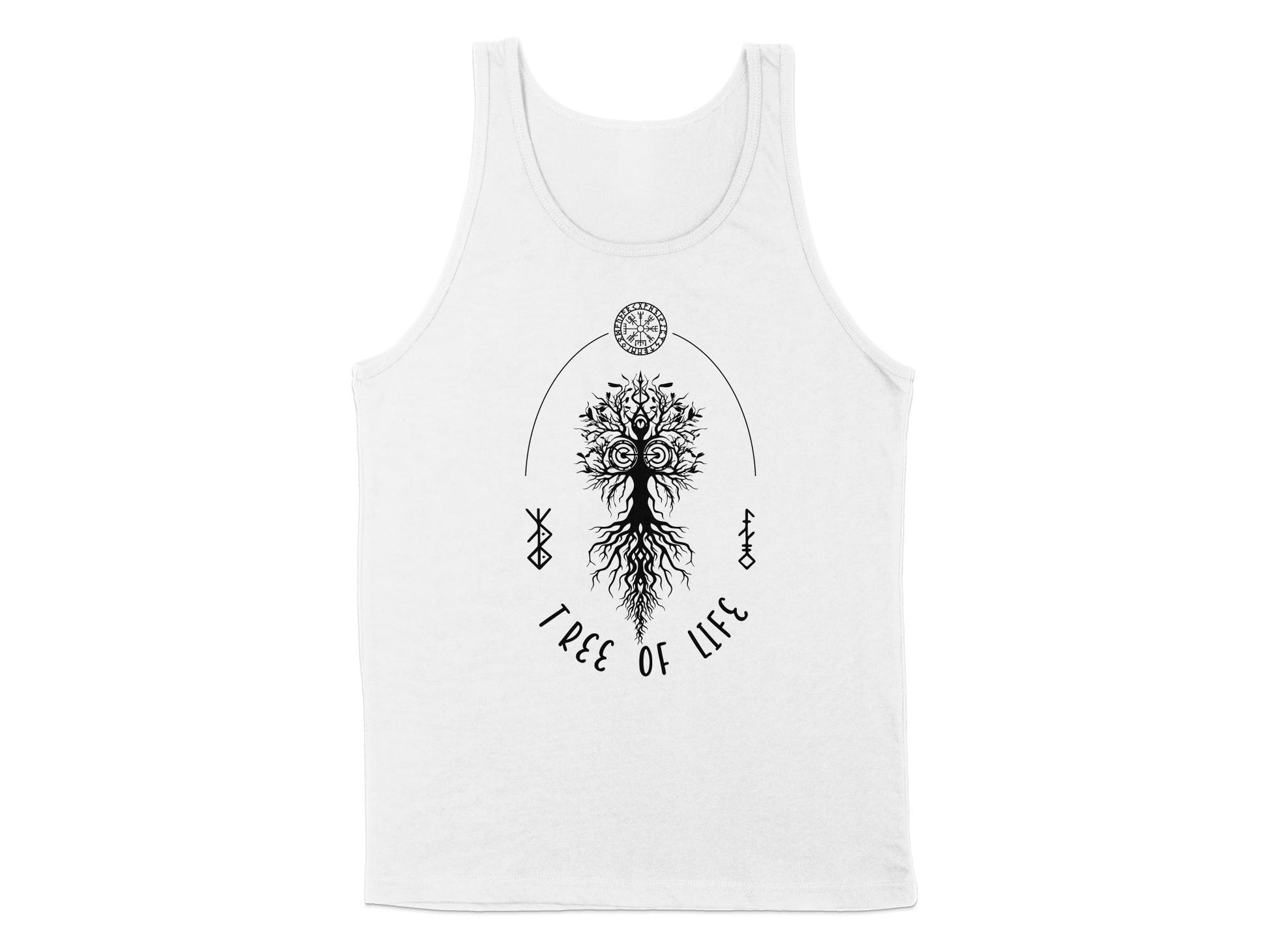 White Tree of Life Tank Top with a powerful graphic, sleeveless style, and scoop neck, representing unity and transformation.