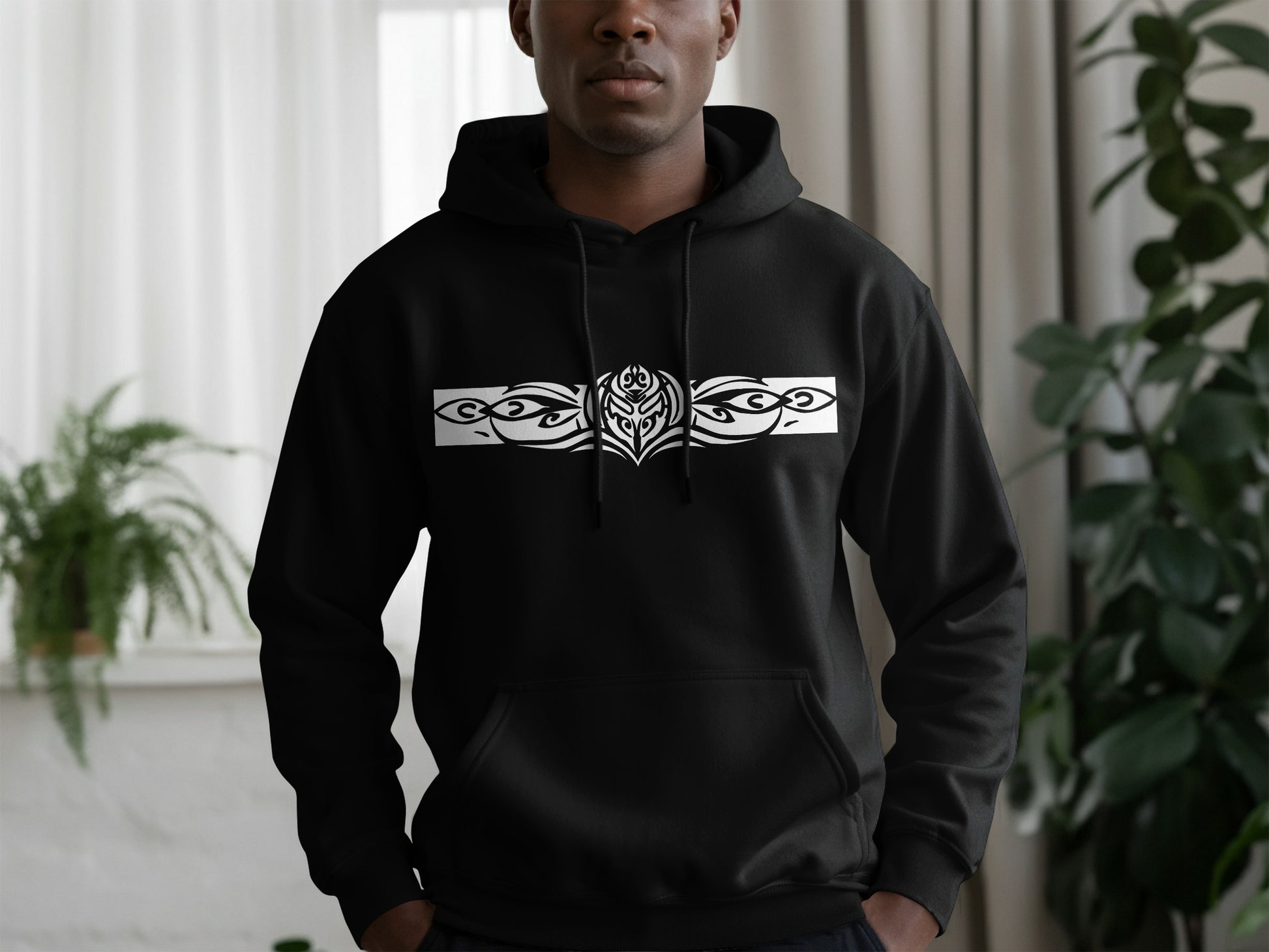 Black Tribal Motif Hoodie with bold tribal graphic print, cozy fleece lining, and relaxed fit for statement casual wear.