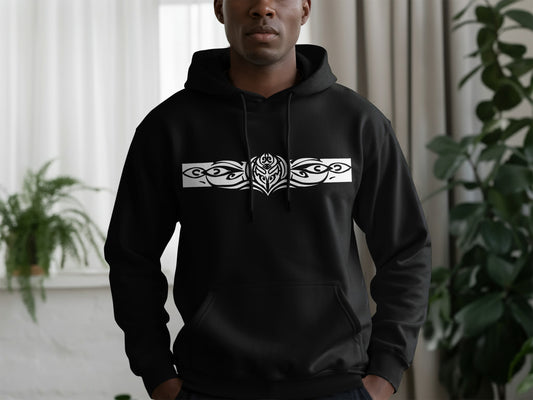 Black Tribal Motif Hoodie with bold tribal graphic print, cozy fleece lining, and relaxed fit for statement casual wear.