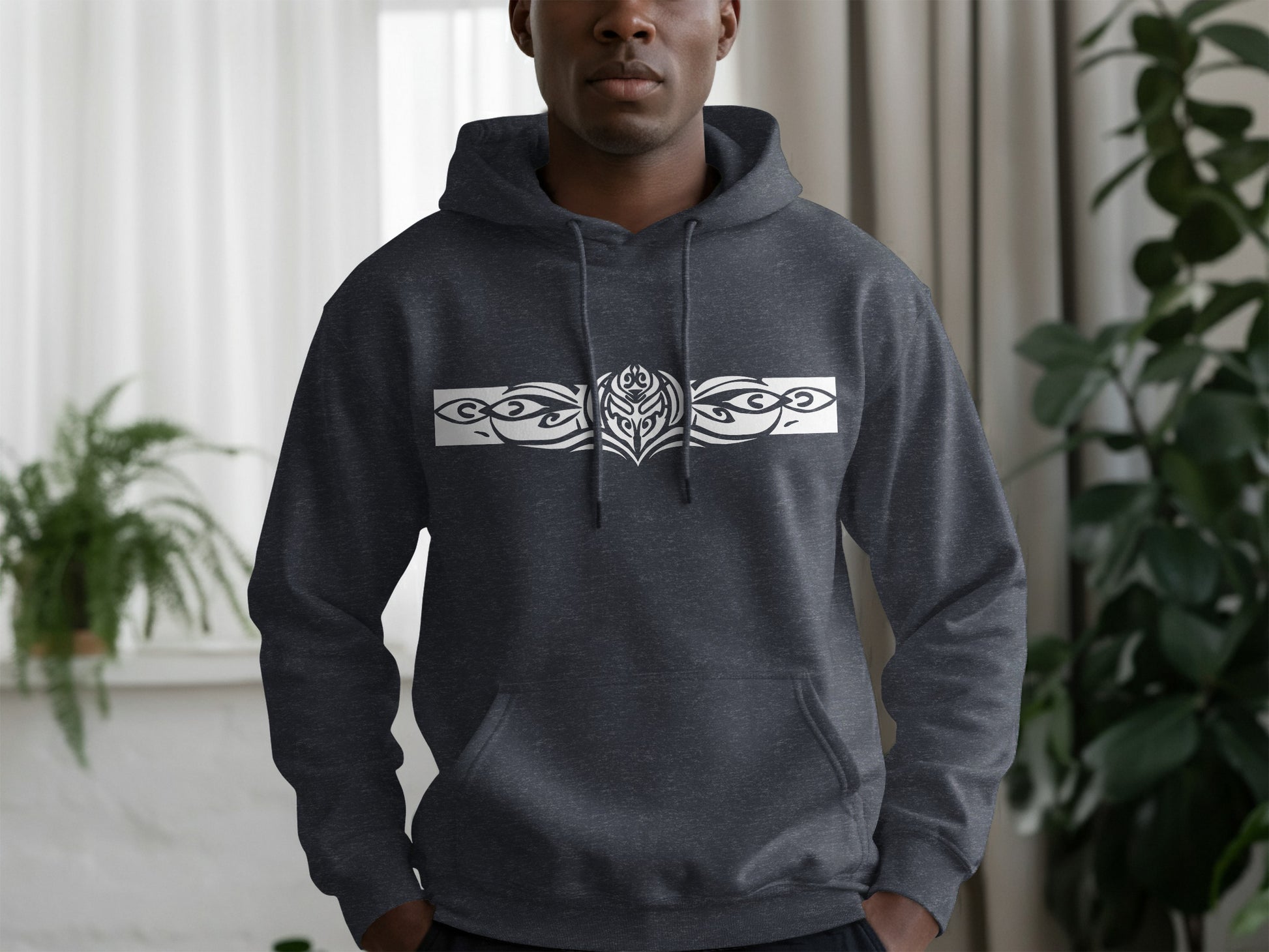 Dark heather grey Tribal Motif Hoodie with ethnic-style design, fleece lining, and classic long sleeve comfort.