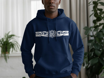 Navy Tribal Motif Hoodie featuring cultural print design, soft fleece interior, and adjustable drawstring hood.