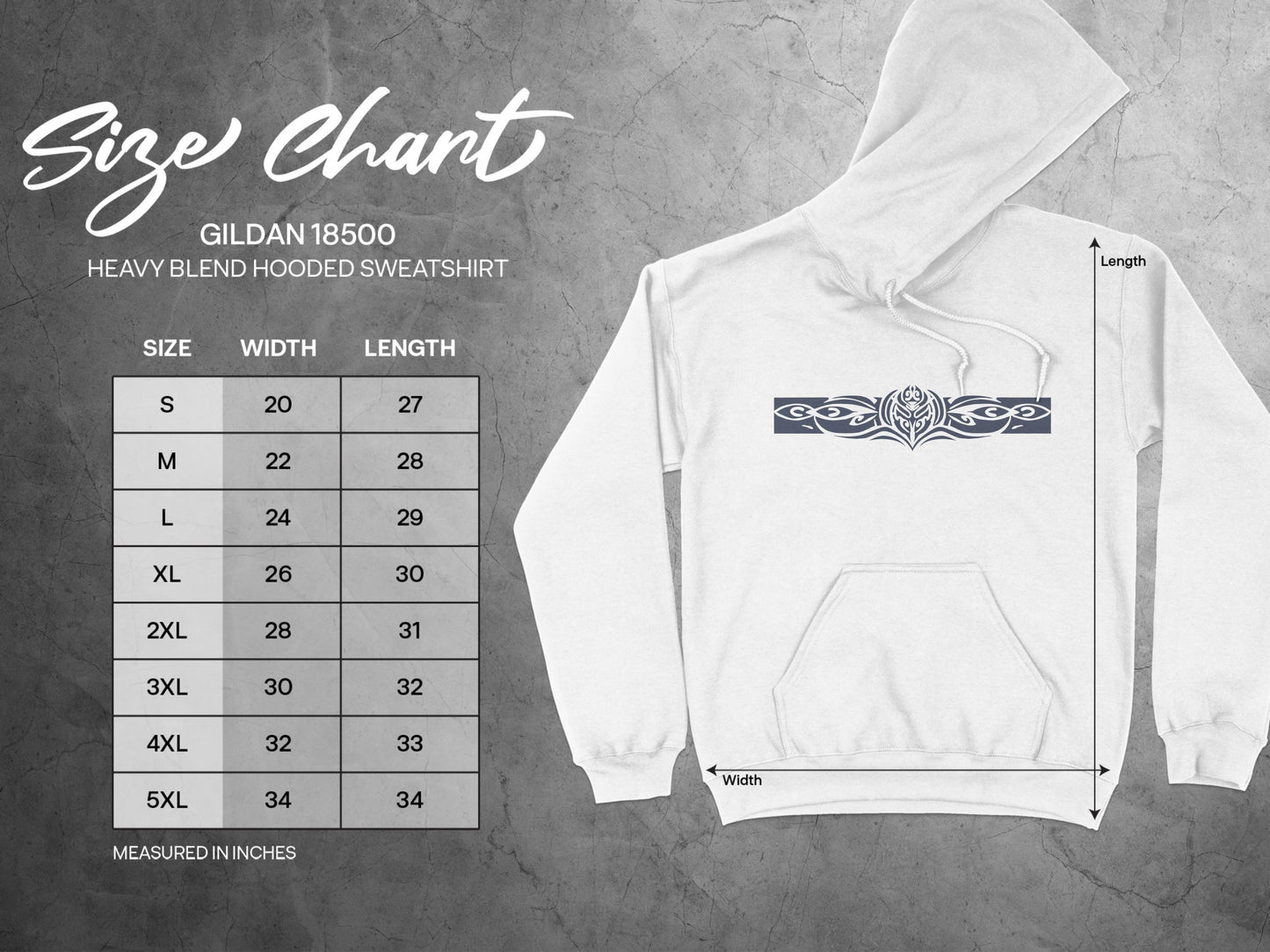 Tribal Motif Hoodie size chart with chest width and length measurements from small to 3XL for best fit and comfort.
