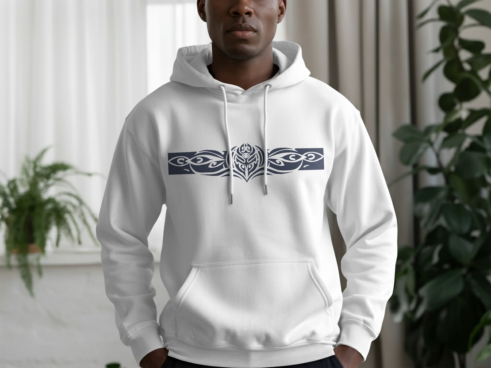 White Tribal Motif pullover hoodie with statement tribal pattern, soft fabric blend, and relaxed everyday fit.