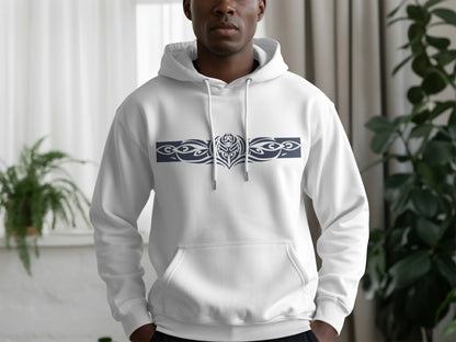 White Tribal Motif pullover hoodie with statement tribal pattern, soft fabric blend, and relaxed everyday fit.