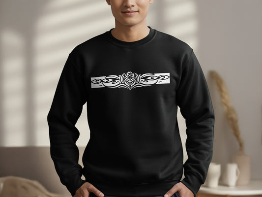 Tribal Motif Sweatshirt in black featuring bold tribal pattern, soft fleece interior, ribbing, and relaxed unisex fit.