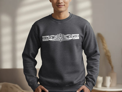 Dark heather Tribal Motif pullover with striking tribal artwork and comfortable fleece lining for all-day casual wear.