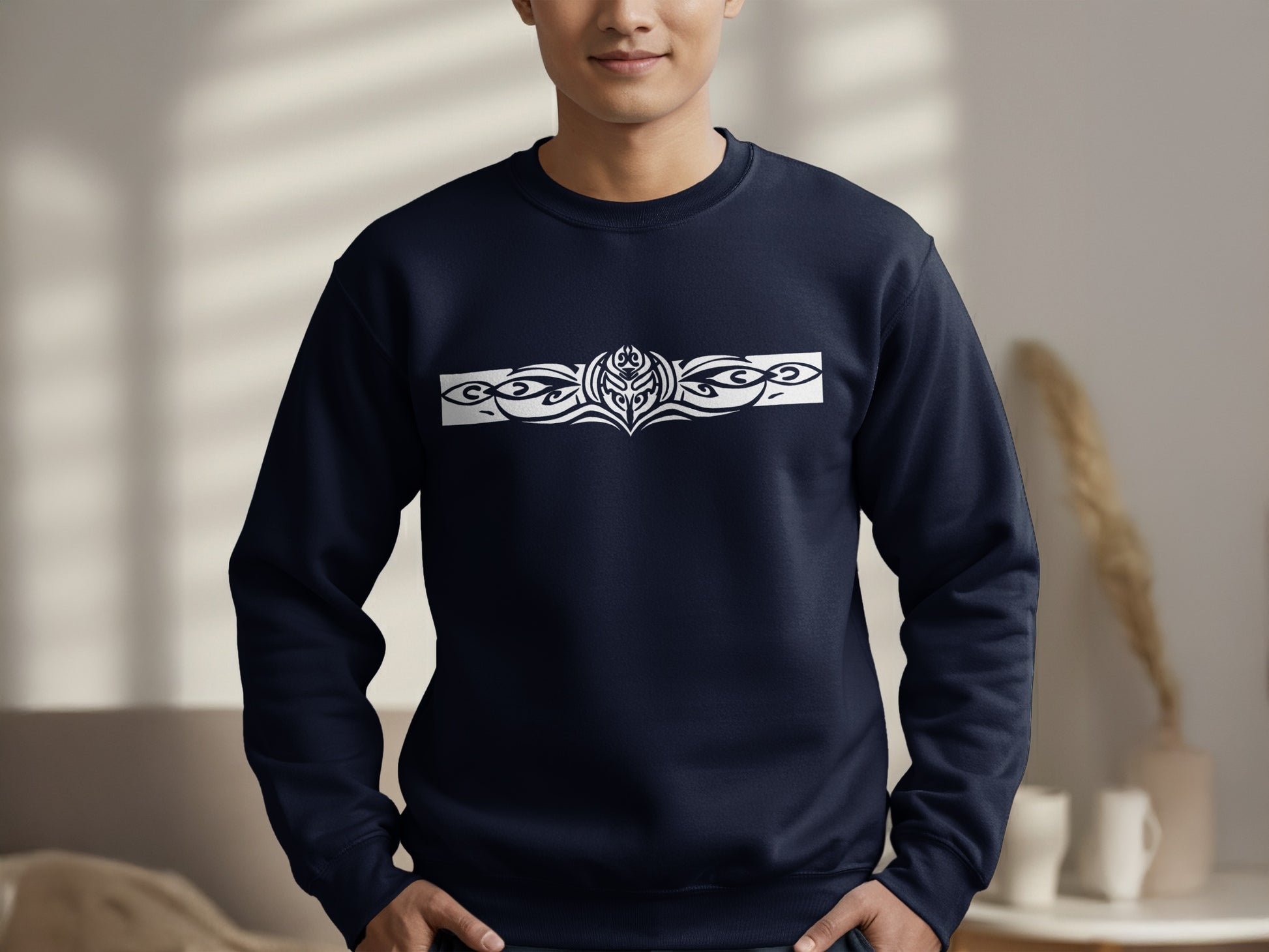 Navy blue Tribal Motif Sweatshirt with cultural print design, crew neck, and cozy cotton-blend fabric with unisex sizing.