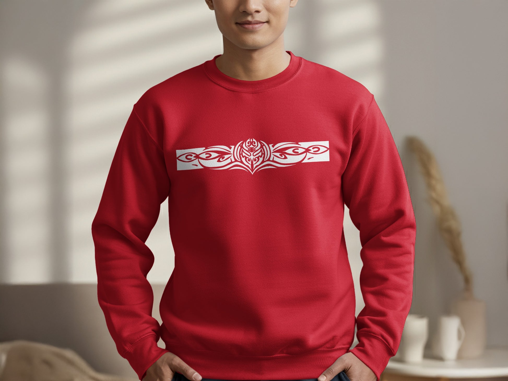 Bold red Tribal Motif Sweatshirt with ethnic-style graphic print, relaxed fit, and soft interior fleece lining.