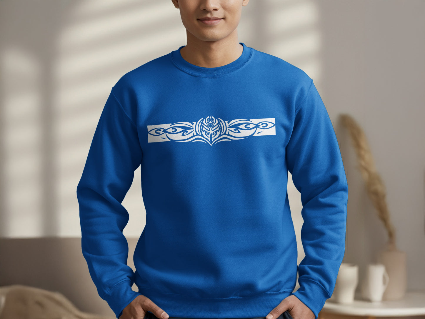 Royal blue men's sweatshirt with tribal print design, perfect for stylish layering with fleece-lined comfort.