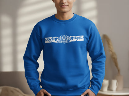 Royal blue men's sweatshirt with tribal print design, perfect for stylish layering with fleece-lined comfort.