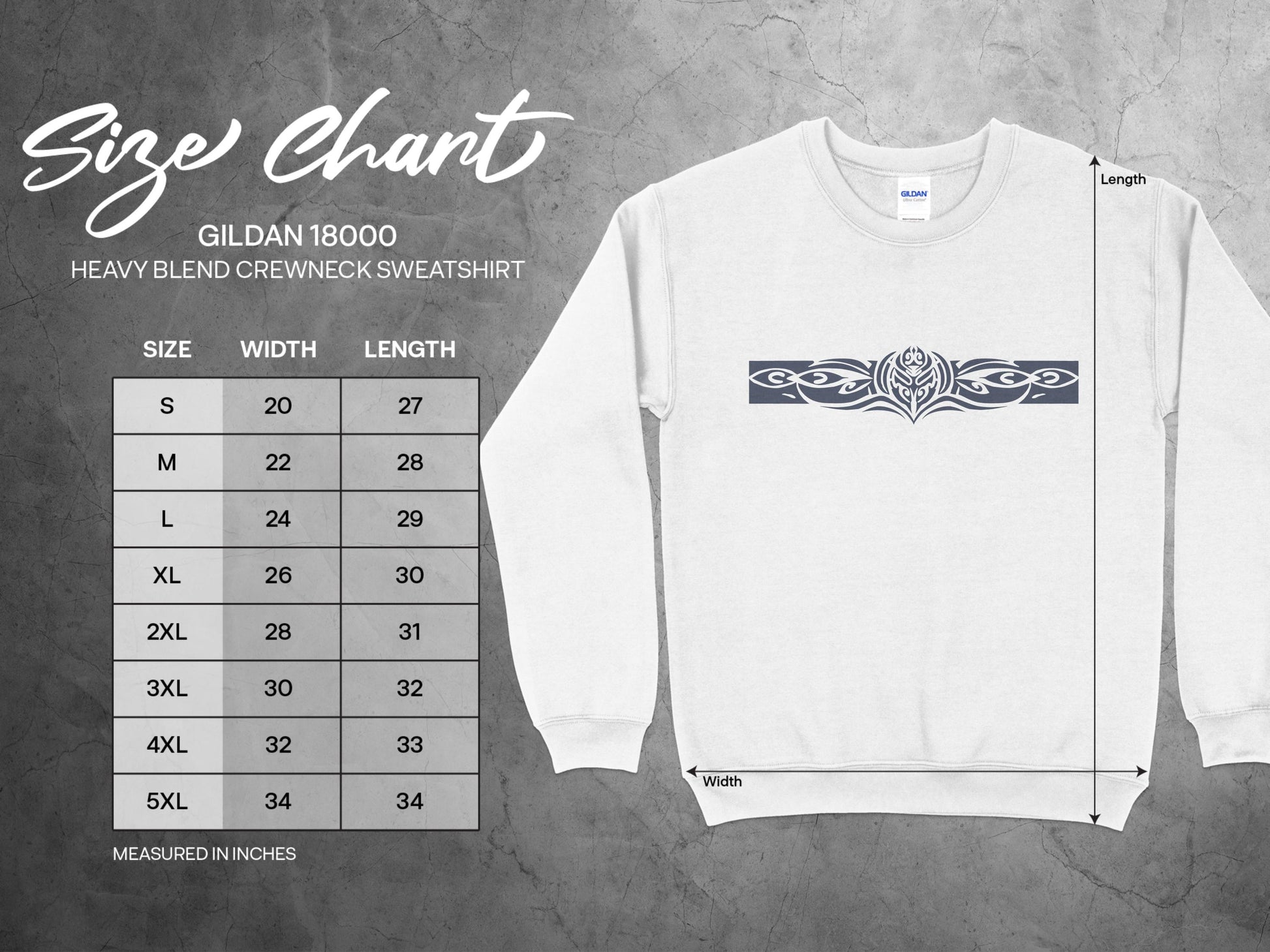 Size chart for Tribal Motif Sweatshirt with chest width and length measurements from small to 3XL for ideal fit.