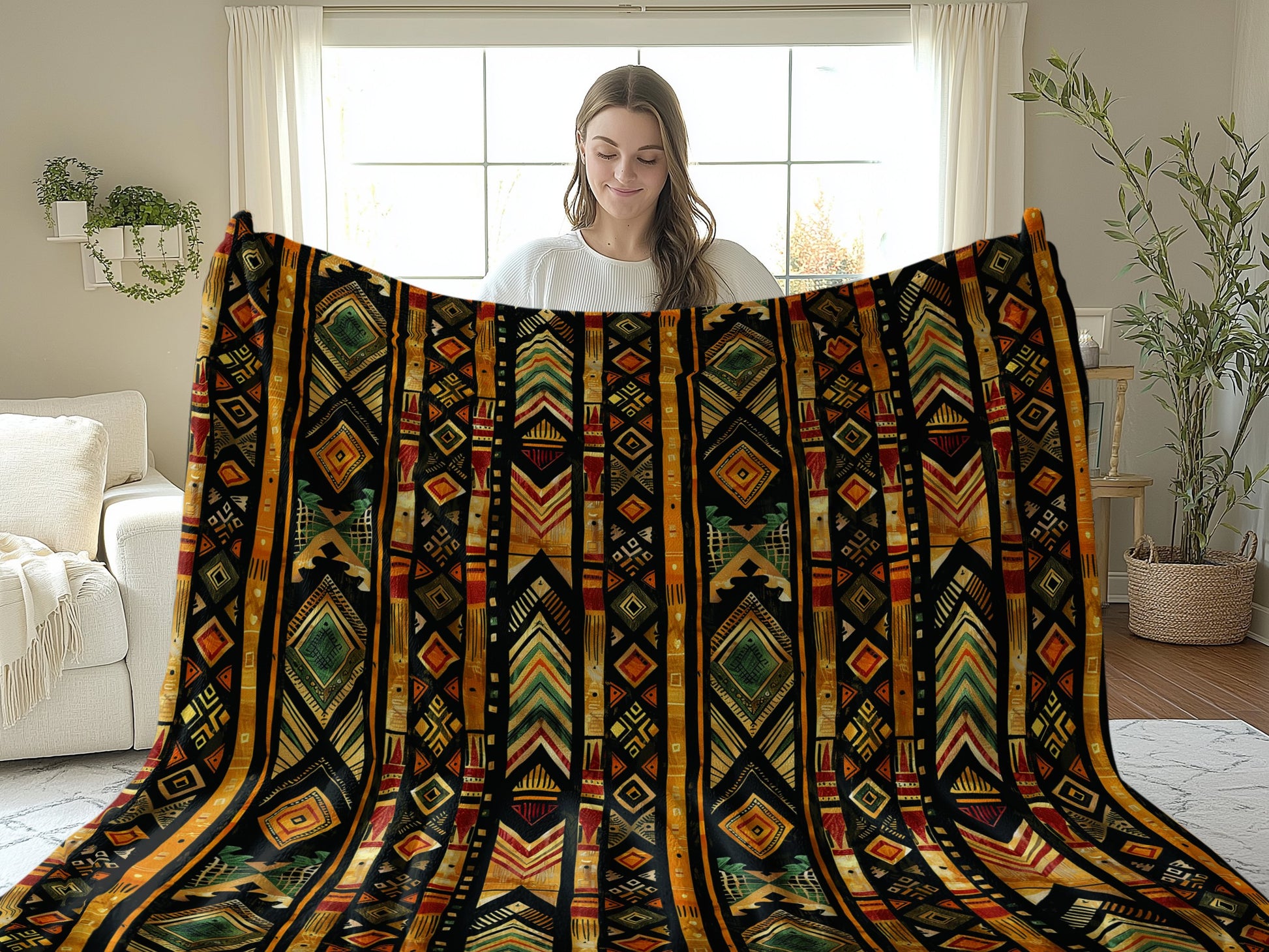 Model holding 60x80 inch Tribal Tapestry Arctic Fleece Blanket, offering more coverage and intricate pattern.