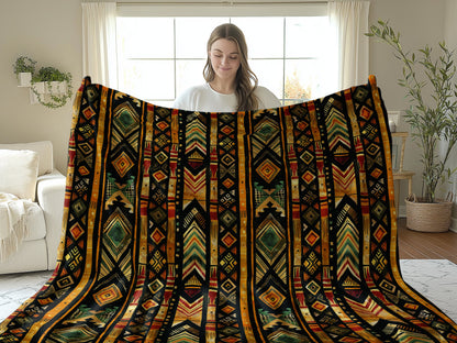 Model holding 60x80 inch Tribal Tapestry Arctic Fleece Blanket, offering more coverage and intricate pattern.