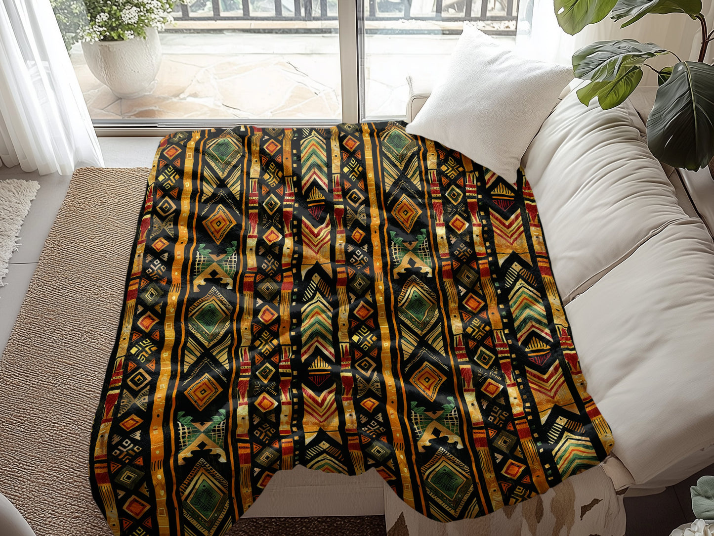 Tribal Tapestry Arctic Fleece Blanket spread across a couch, adding warmth and vibrant patterns to any room.