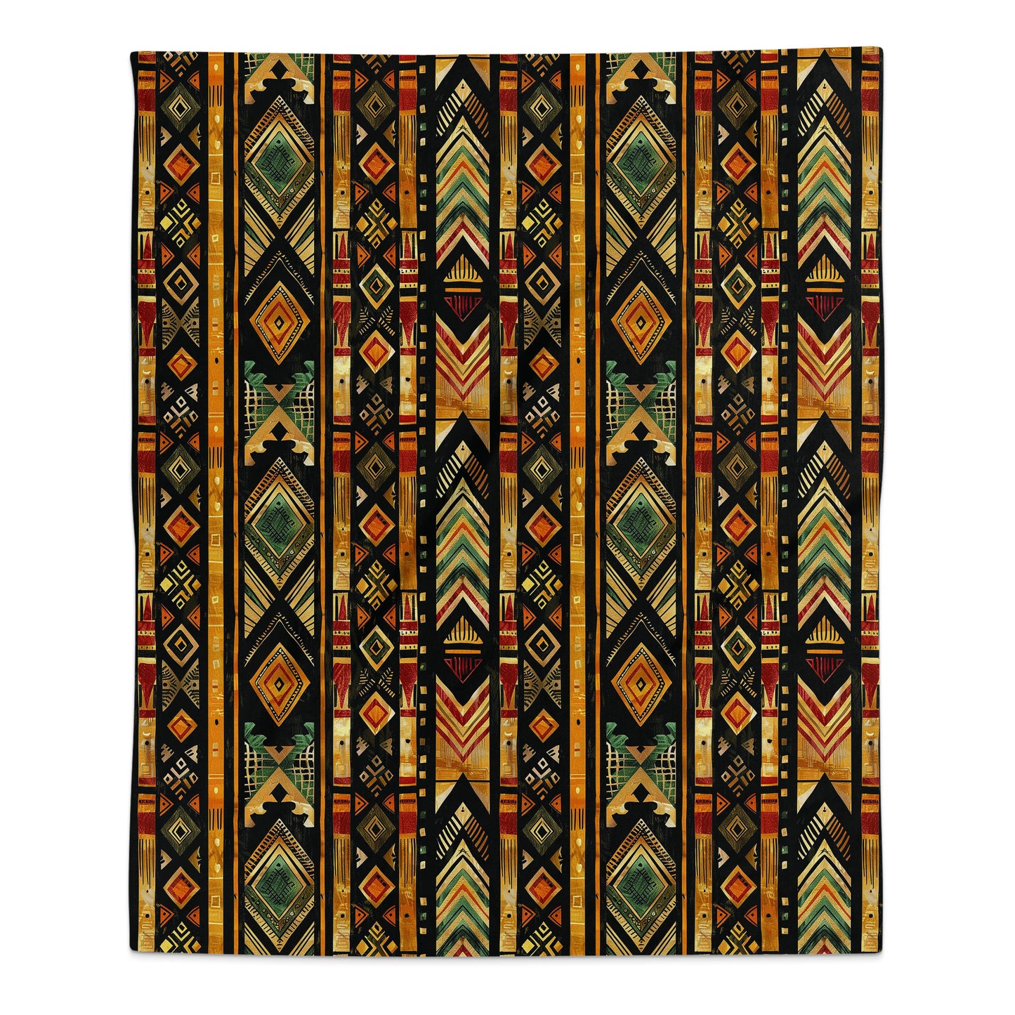 Tribal Tapestry Arctic Fleece Blanket in vibrant colours with intricate tribal design, hemmed on all sides.