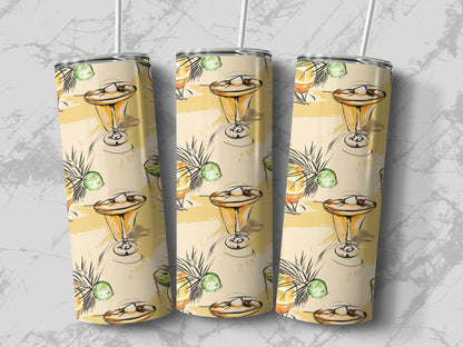 Model holding tropical cocktail tumbler, slim 20oz design with metal straw and tropical-inspired artwork