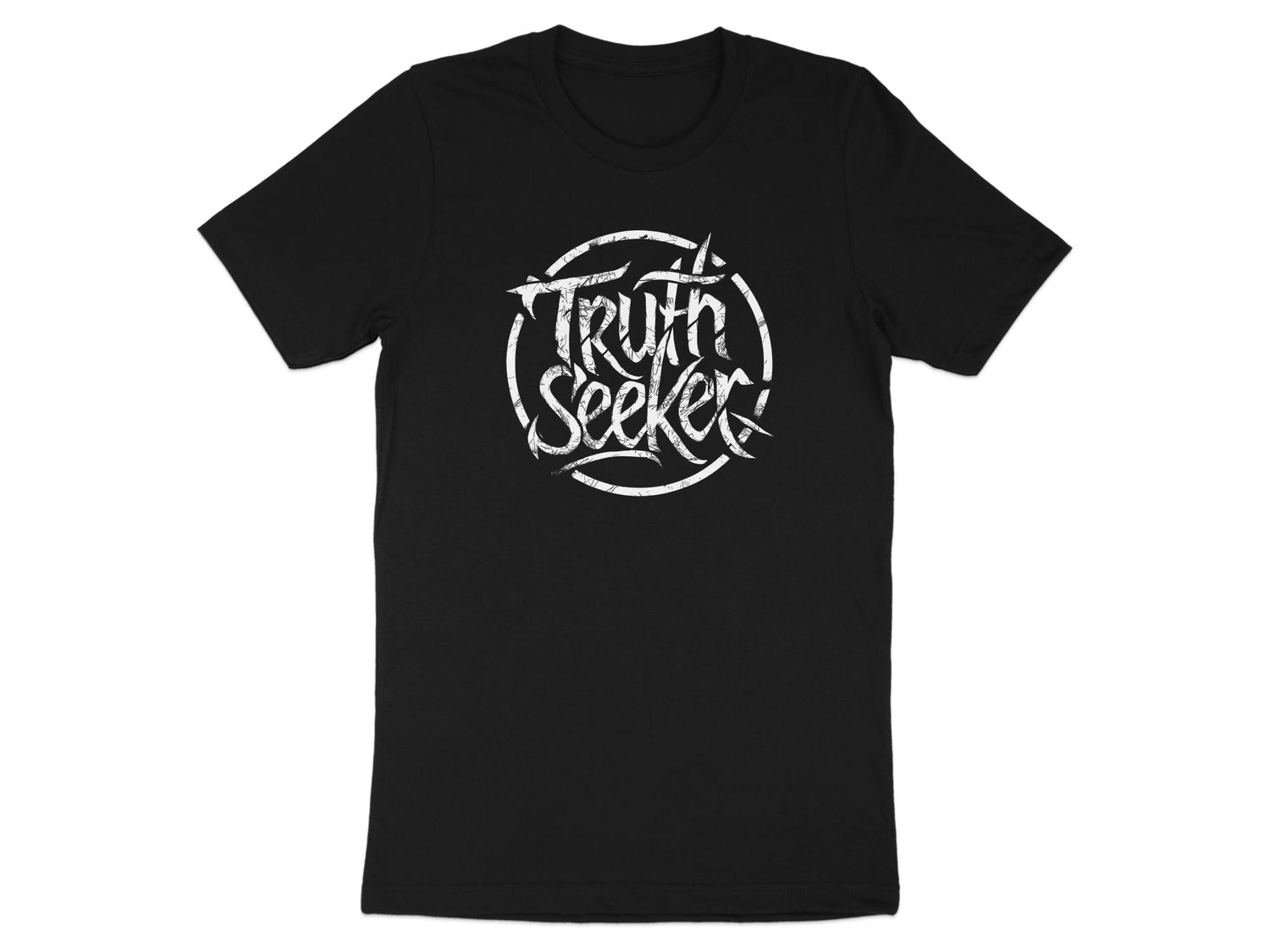 Black Truth Seeker t‑shirt with centre‑chest distressed hand‑lettered text inside a fractured circular frame.