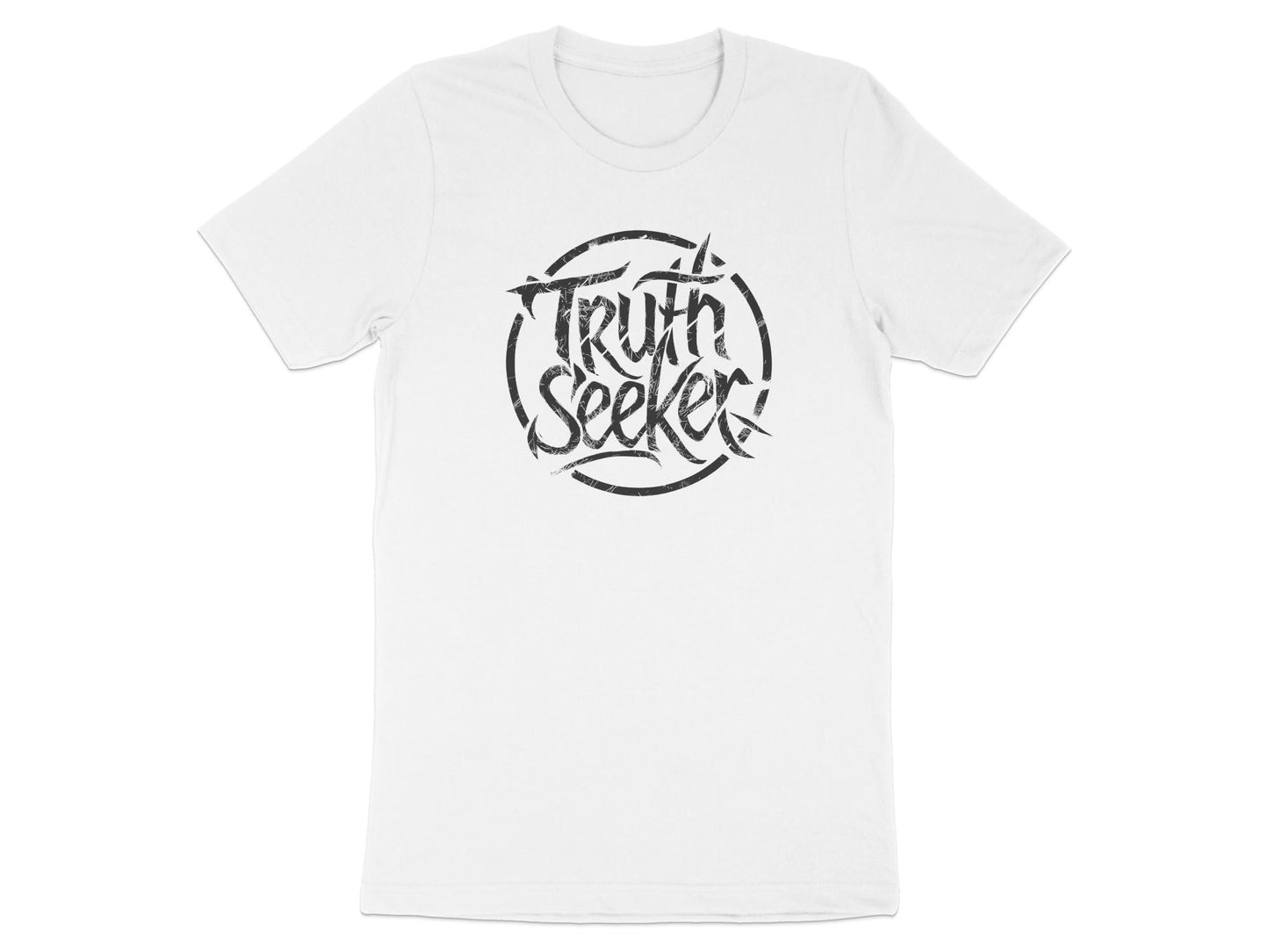White Truth Seeker unisex t-shirt with bold black graphic, cotton fabric, and versatile casual styling ideal for gifting.