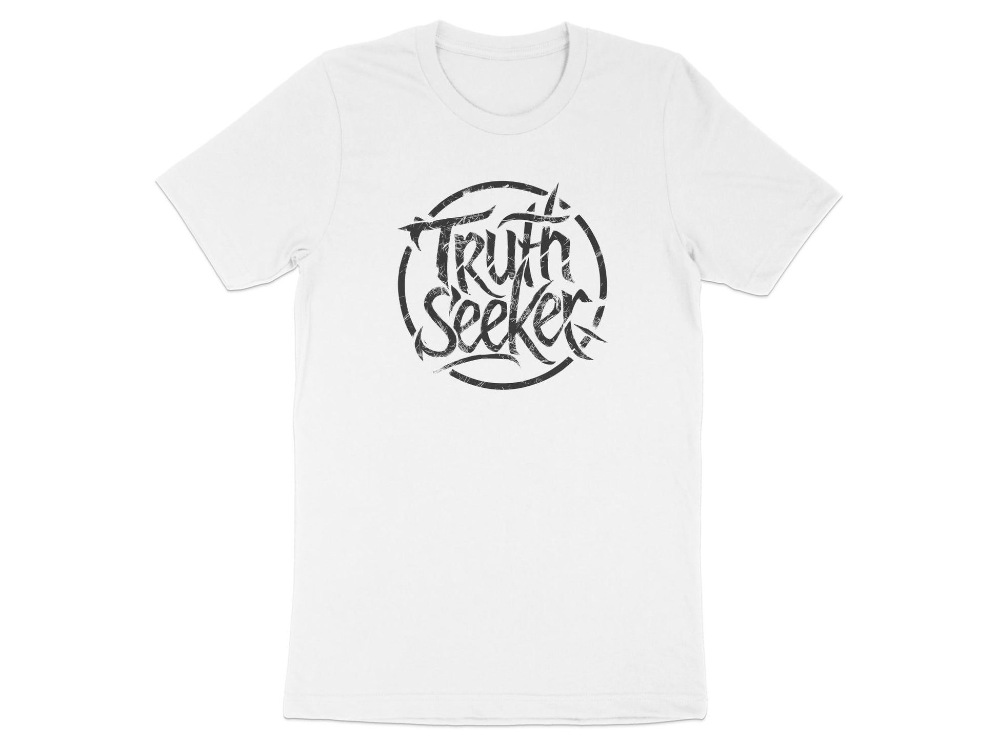 White Truth Seeker unisex t-shirt with bold black graphic, cotton fabric, and versatile casual styling ideal for gifting.