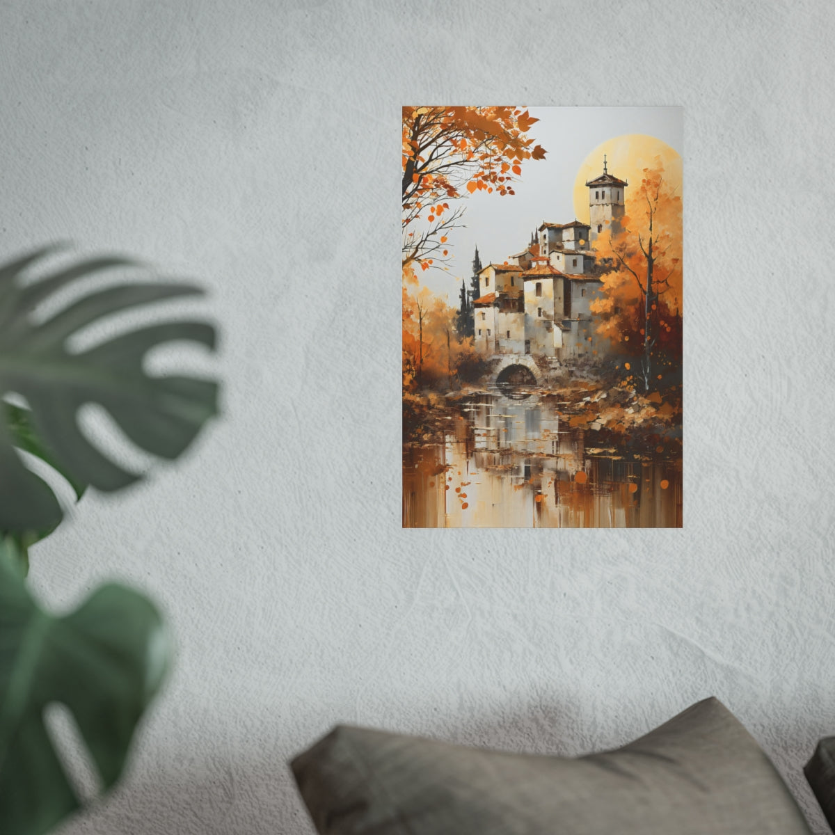 Tuscan Countryside Reflections 12x18 poster displayed above a couch with serene Italian scenery.