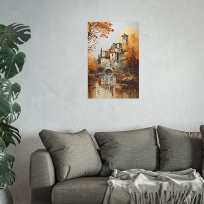 Tuscan Countryside Reflections 20x30 poster shown above a couch highlighting river reflections.