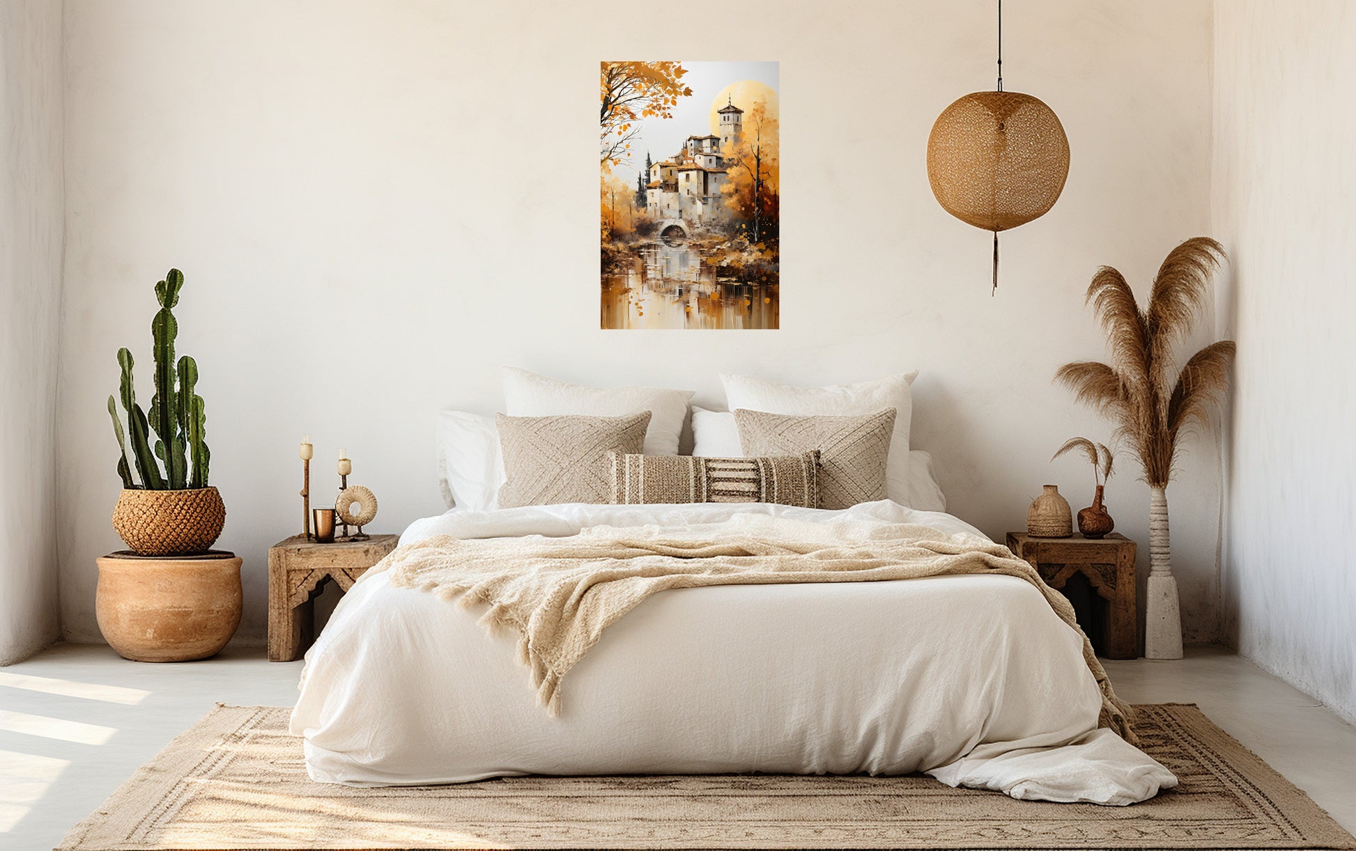 Tuscan Countryside Reflections poster positioned above a bed in an elegant bedroom setting.