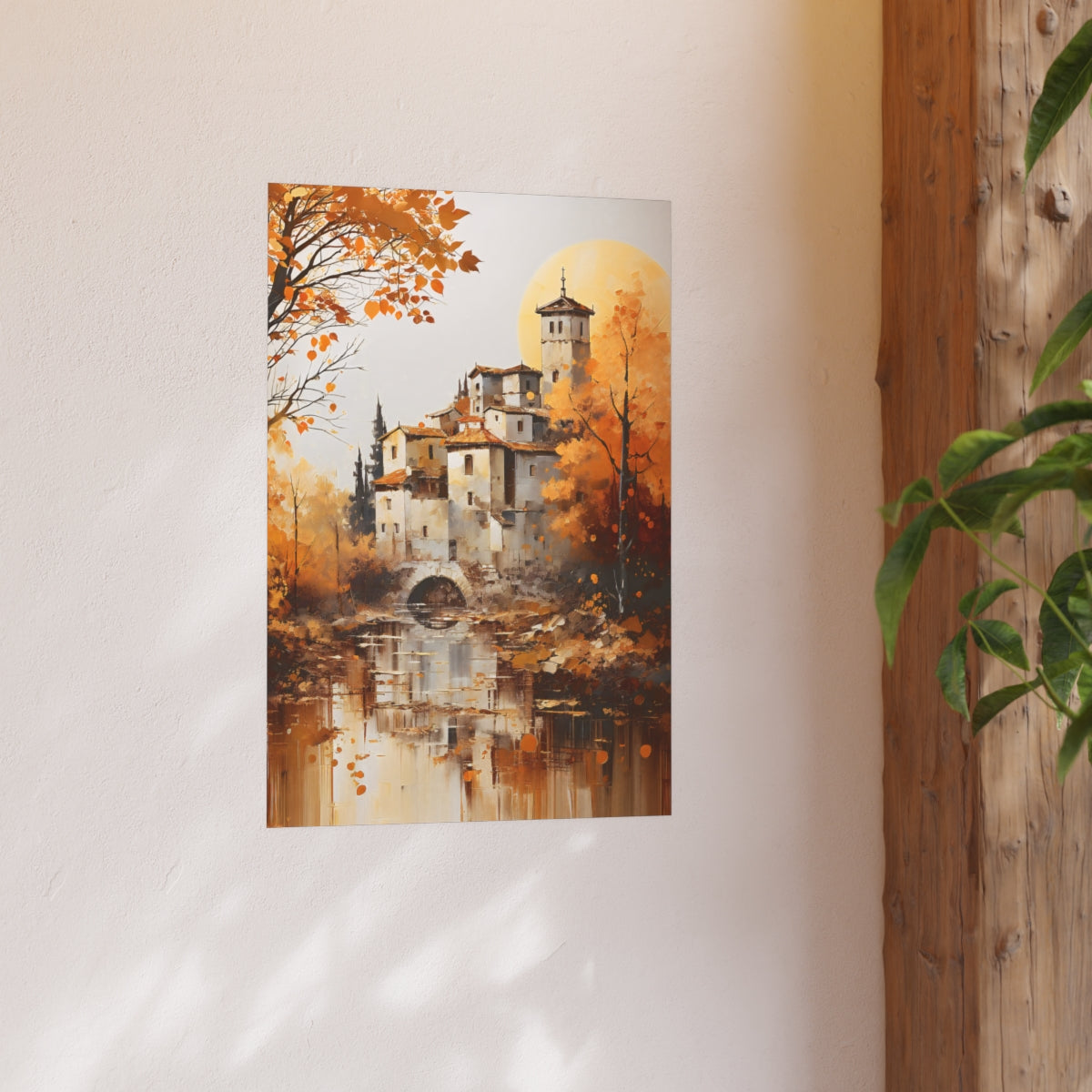 Tuscan Countryside Reflections poster styled in a calm interior with warm earthy colours.