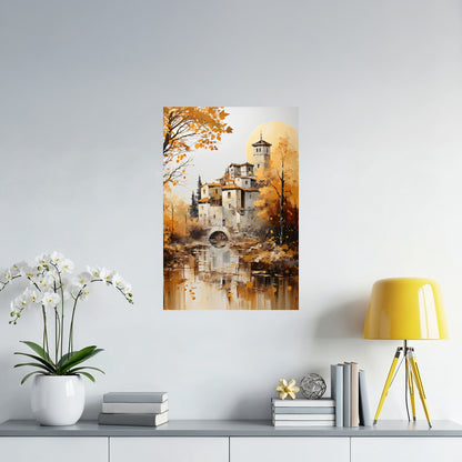 Tuscan Countryside Reflections poster displayed above a sideboard with rustic countryside tones.