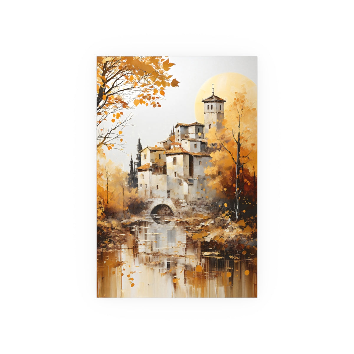 Tuscan Countryside Reflections poster flat lay on white background showing calm river reflections.