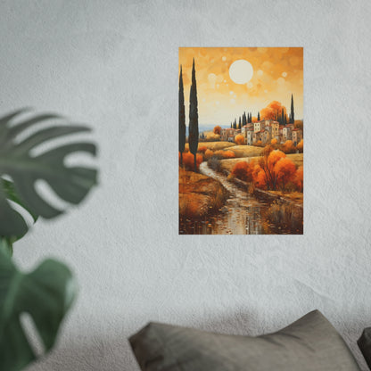 Tuscan River Village in Golden Light 12x18 poster displayed above a couch in a stylish living space.
