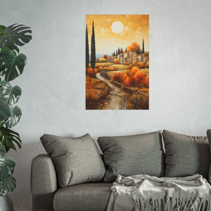 Tuscan River Village in Golden Light 24x36 poster featured above a couch as a statement wall piece.